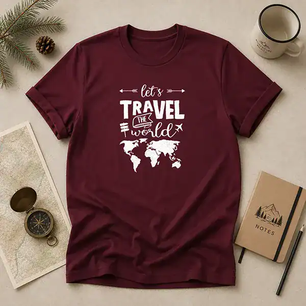 Let’s Travel The World design featuring a world map and travel quote.