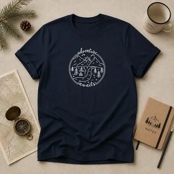 Adventure Awaits design featuring mountains, a campsite, pine trees and a winding trail.
