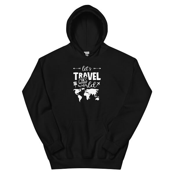 Let’s Travel The World travel design with vintage typography, world map and adventure-themed graphics for t-shirts and hoodies.