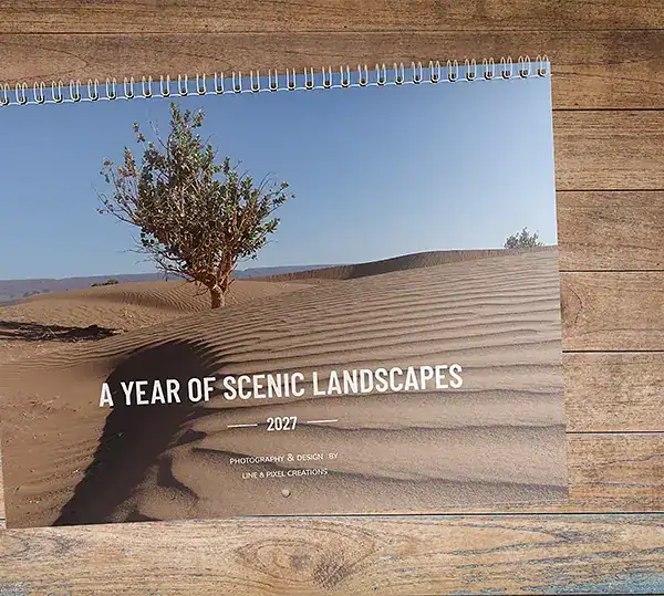 Front cover of the A Year of Scenic Landscapes 2027 photo wall calendar featuring a solitary tree surrounded by sand dunes.